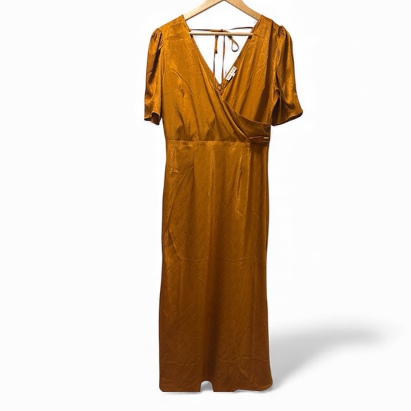 Moon River Burnt Orange Copper Midi Dress | Puff Sleeves Tie Back Size Large - Picture 5 of 8